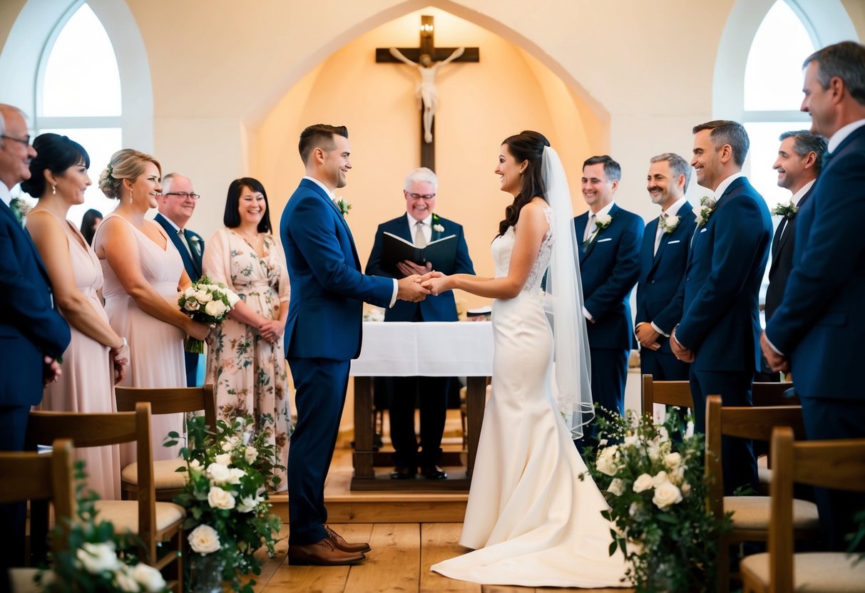 A bride and groom stand at the altar surrounded by a small group of family and friends, exchanging vows in a cozy, intimate setting