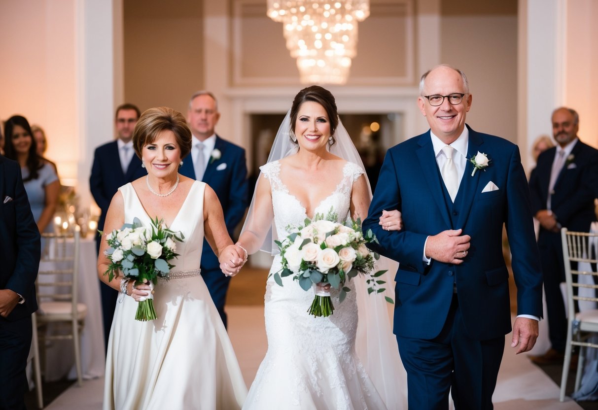 Parents enter reception: mother of the bride and her escort, followed by father of the bride and his escort