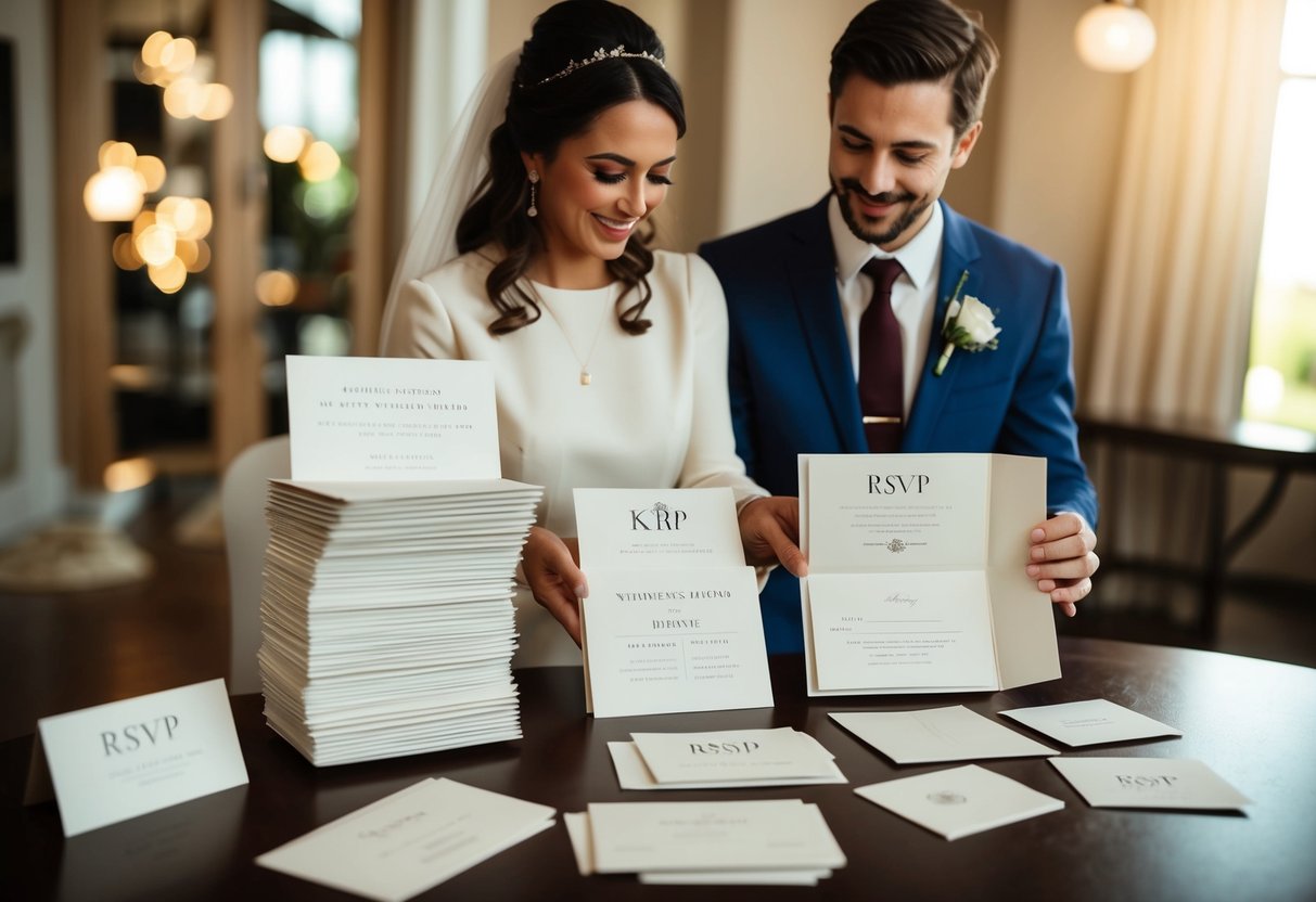 A couple receiving a stack of wedding invitations with RSVP cards