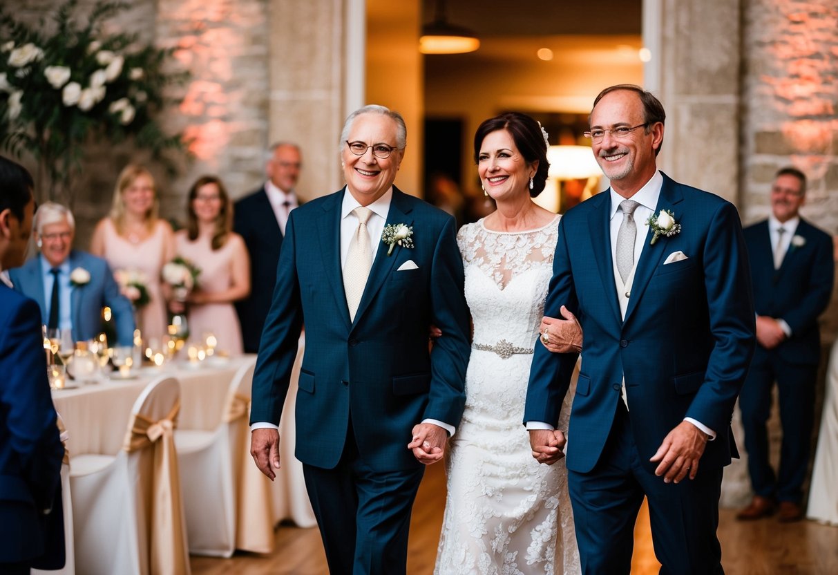 Parents enter reception, holding hands, smiles on their faces. Mother's elegant dress and father's suit indicate a special occasion