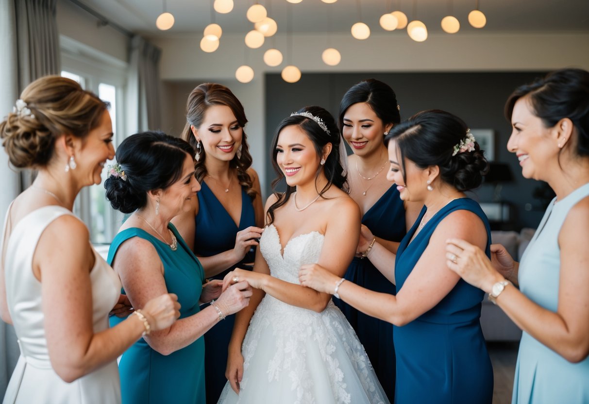 A group of female relatives and friends gather around the bride, helping her with hair, makeup, and dressing for the wedding