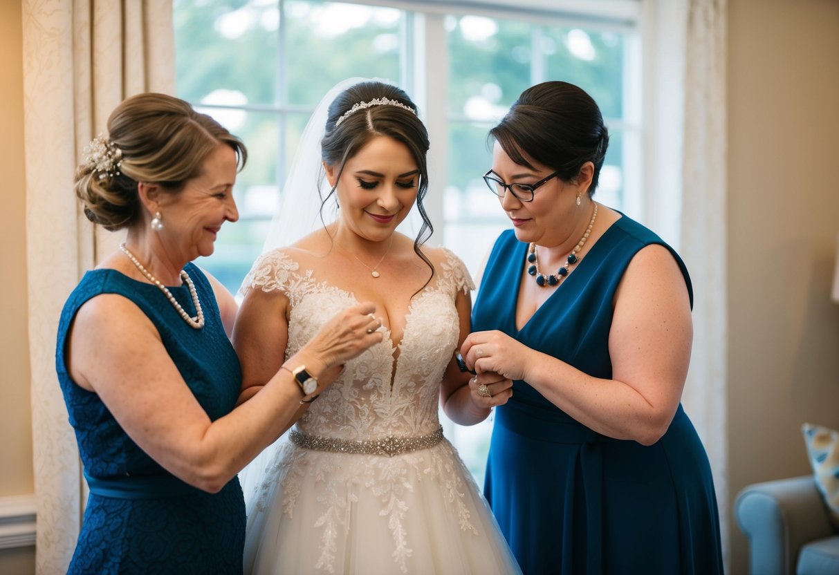 A bride and her emotional support person making last-minute adjustments to her dress and accessories