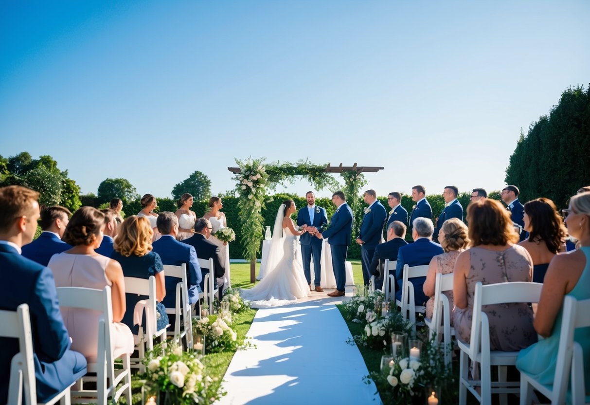 A sunlit outdoor wedding ceremony and reception with a clear blue sky and lush greenery, lasting from late morning until early evening