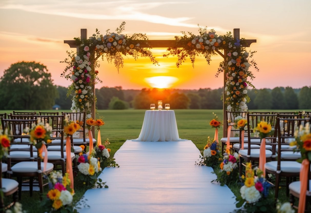 A beautiful sunset over a serene outdoor wedding venue, with colorful flowers and elegant decor