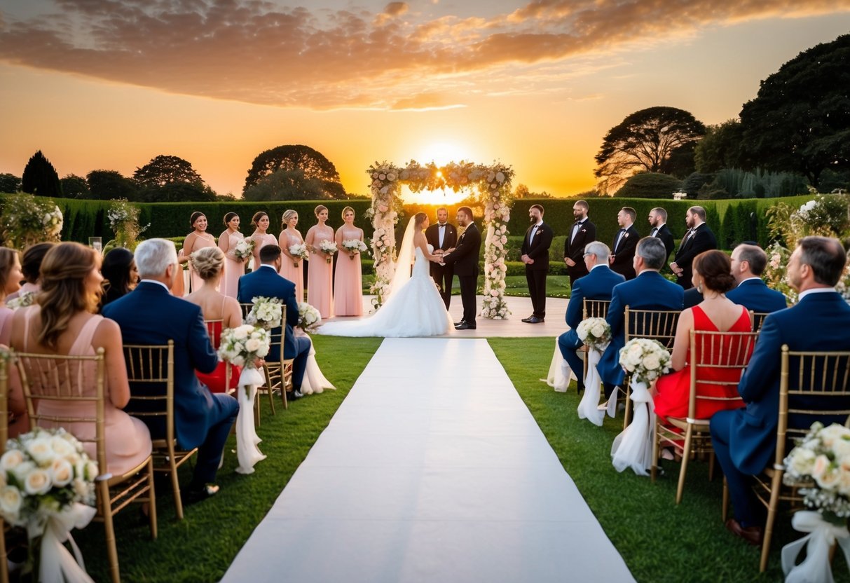 A grand sunset ceremony in a lavish garden with elegant decor and a string quartet