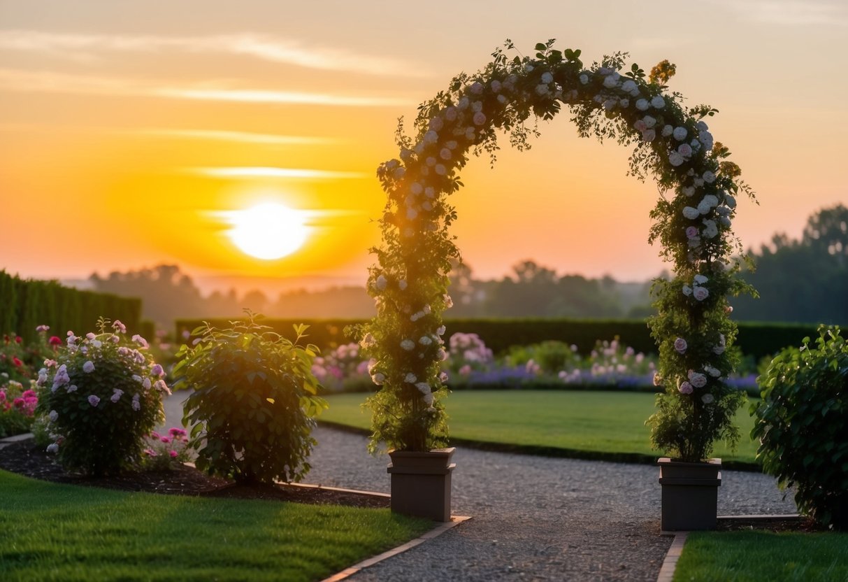 A golden sun sets behind a peaceful garden, casting warm light on a blooming archway adorned with flowers and greenery