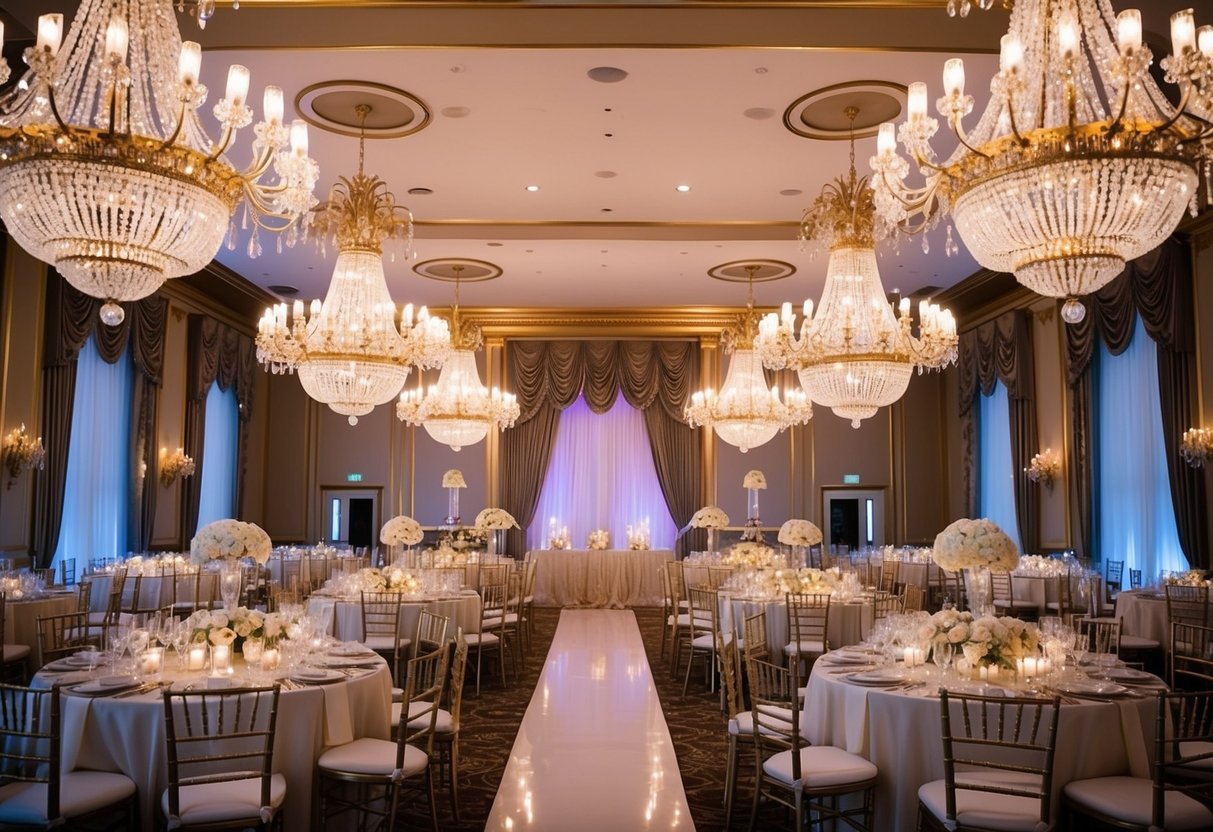 A grand and opulent ballroom, adorned with crystal chandeliers and gold accents, set for an evening wedding ceremony