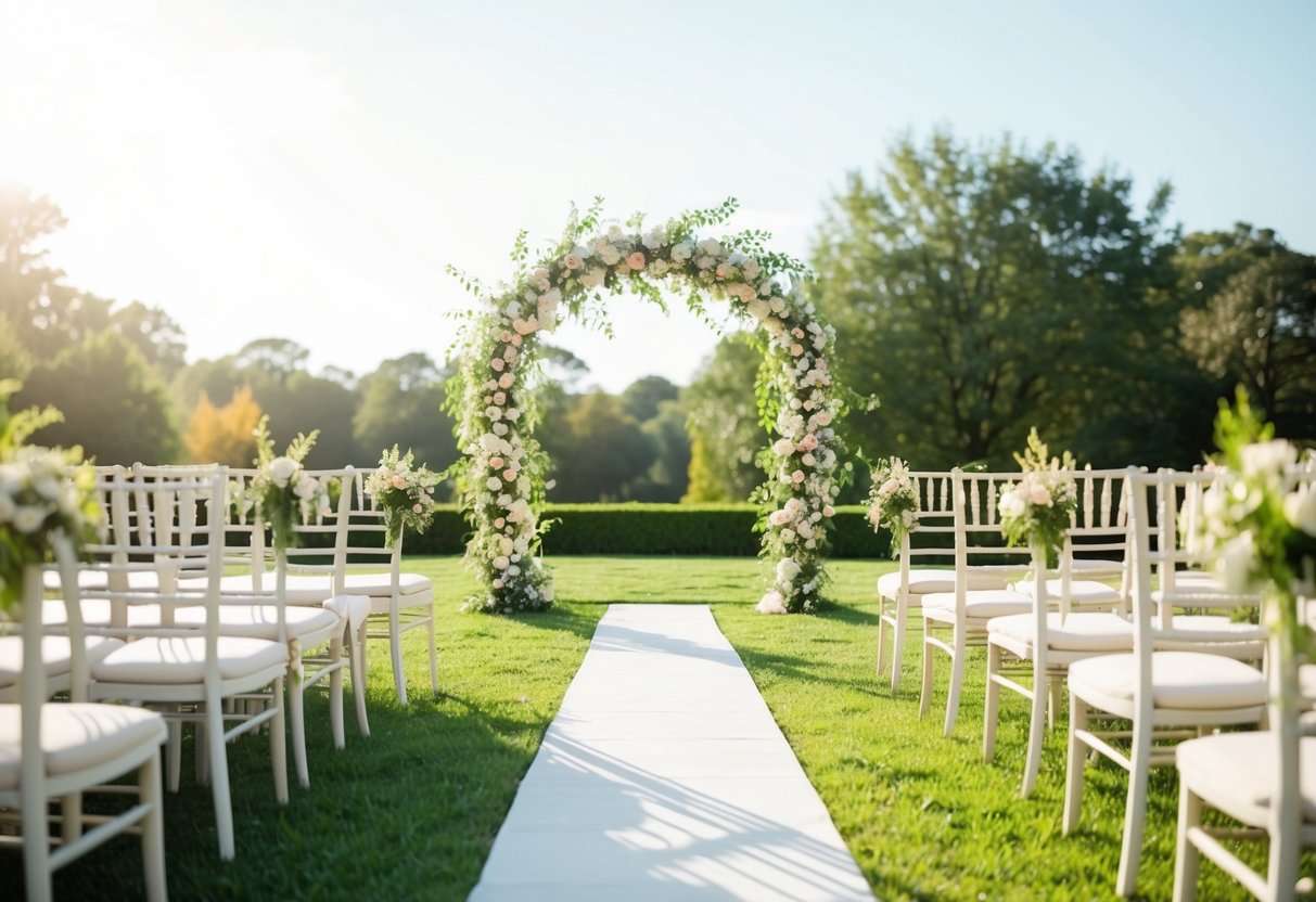 A serene outdoor wedding setting with a floral arch, chairs, and a pathway leading to the ceremony area. The sun is shining, casting a warm glow on the scene