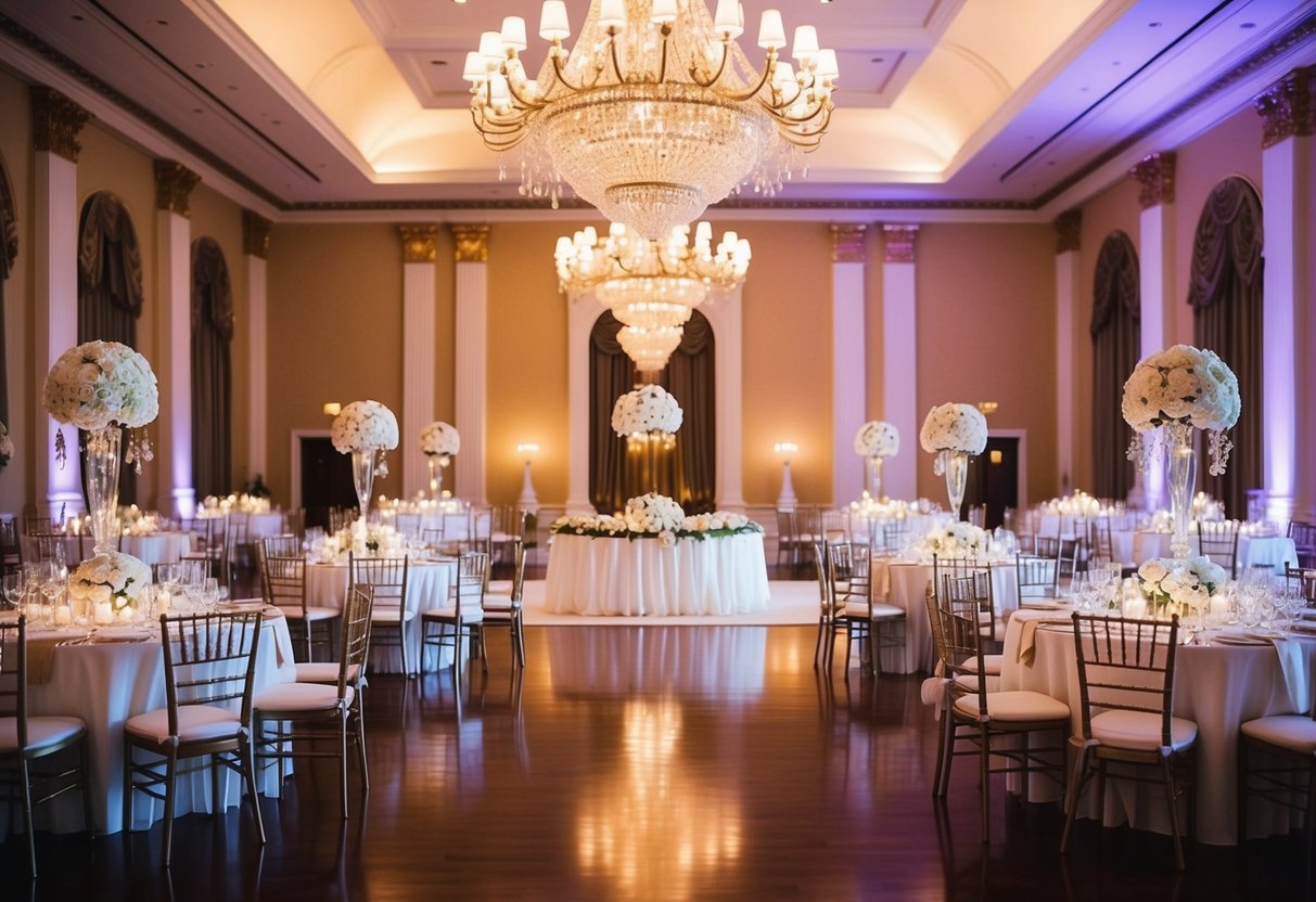 A grand ballroom at sunset, adorned with elegant chandeliers and gold accents, sets the stage for a formal evening wedding