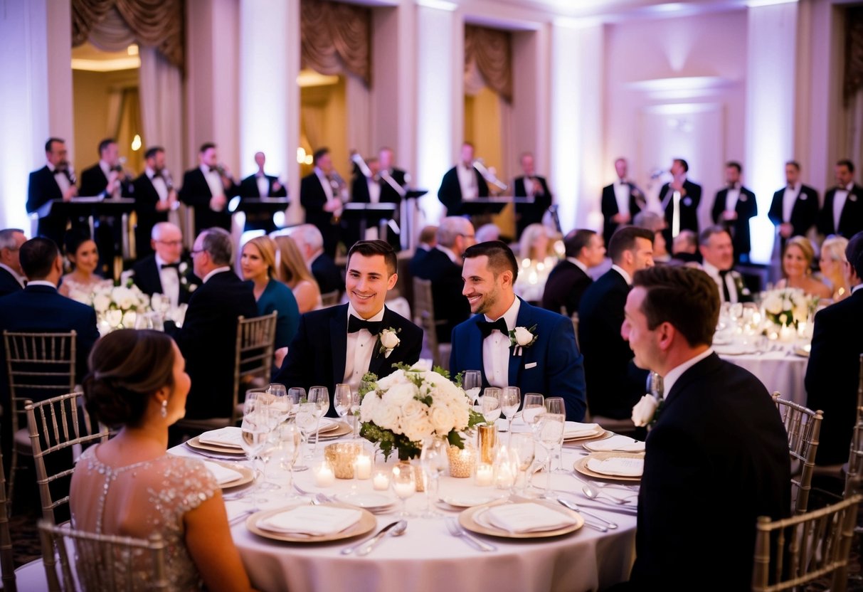 An elegant evening wedding reception at a grand ballroom, with guests dressed in formal evening attire. Tables adorned with fine linens and crystal stemware, and a live band playing in the background