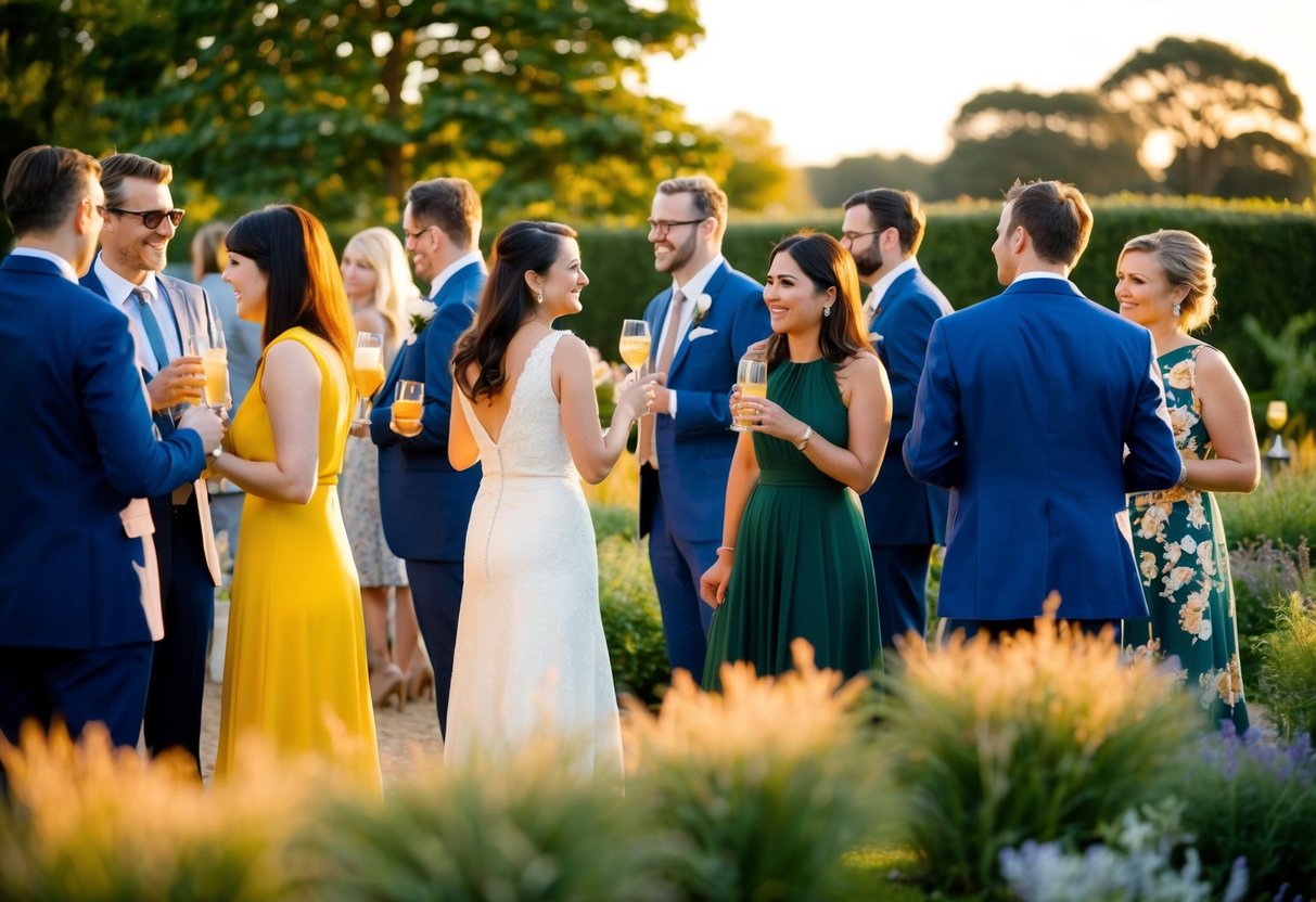 Guests mingling in a garden, sipping drinks and chatting after a 3PM ceremony. A warm, golden light bathes the scene as the sun begins to set