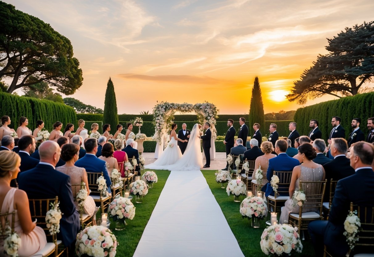 A grand sunset wedding ceremony in a lavish garden, with guests dressed in elegant attire, surrounded by ornate decorations and floral arrangements