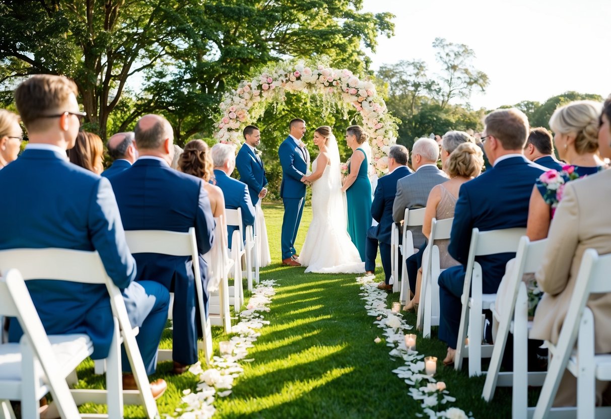 A sunlit outdoor wedding ceremony with guests seated on white chairs and a floral archway as the backdrop