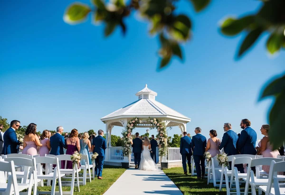 A sunny afternoon with a clear blue sky, a white gazebo adorned with flowers, and guests arriving at a beautiful outdoor venue for a wedding ceremony