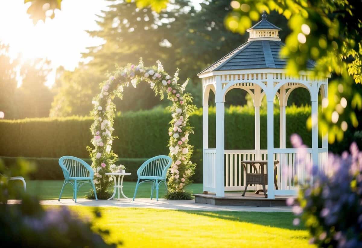 A sunlit garden with a gazebo, chairs, and a floral arch