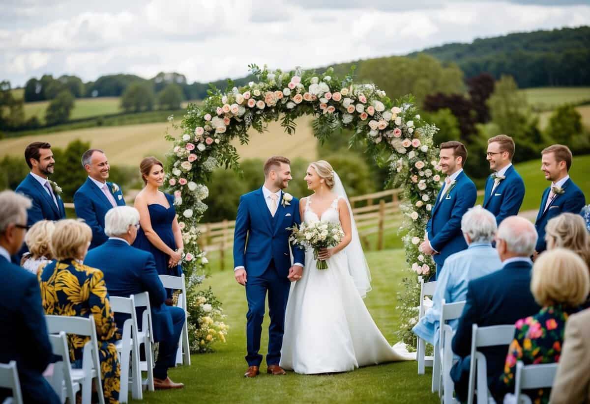 A bride and groom standing under a floral arch at a picturesque countryside wedding venue, surrounded by their guests
