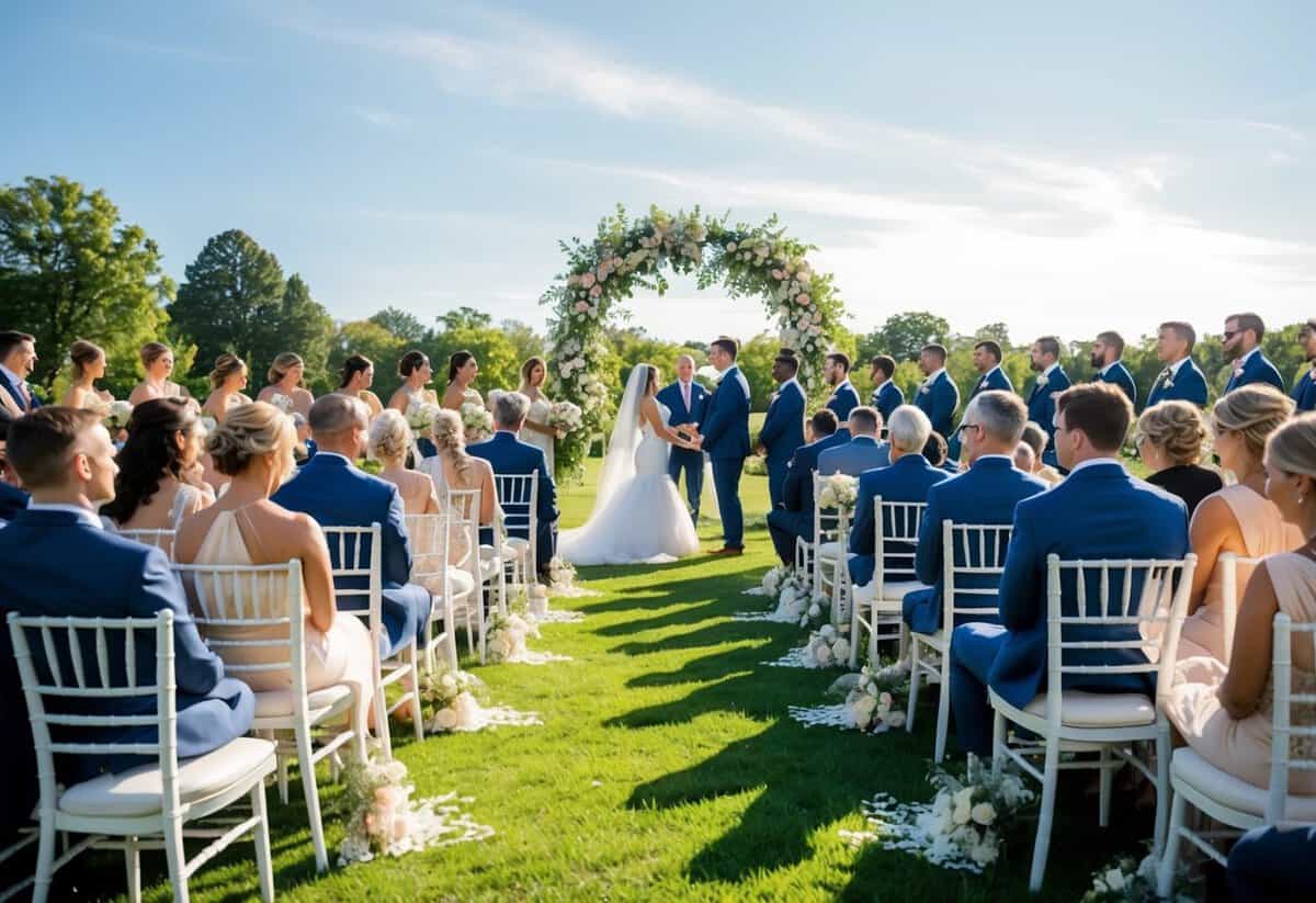 A sunny outdoor wedding ceremony begins at 4 pm, with guests seated in white chairs arranged in front of a floral archway