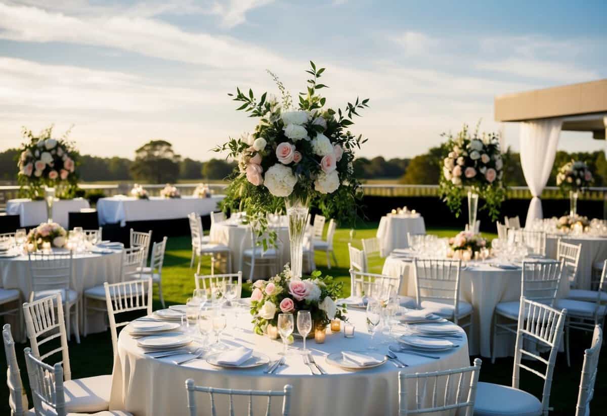 A wedding venue with floral decorations, catering tables, and seating arrangements for guests