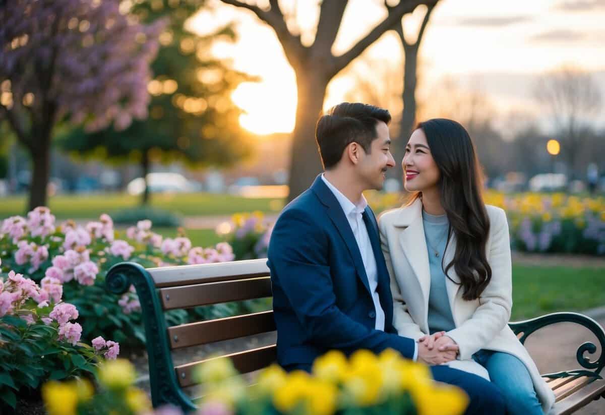 A couple sitting on a park bench, surrounded by blooming flowers and a setting sun, gazing into each other's eyes with a look of affection