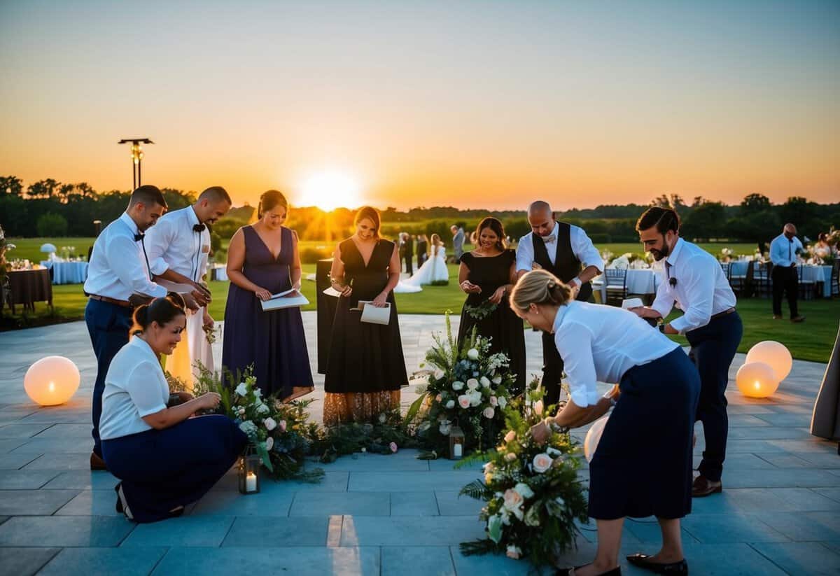 A wedding planner and vendors gather at a venue, setting up decorations and coordinating details as the sun begins to set