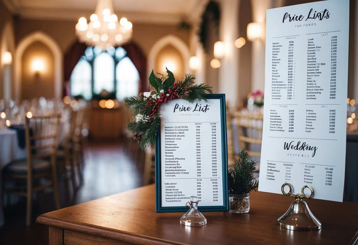 A wedding venue in the UK with seasonal decorations and price lists displayed