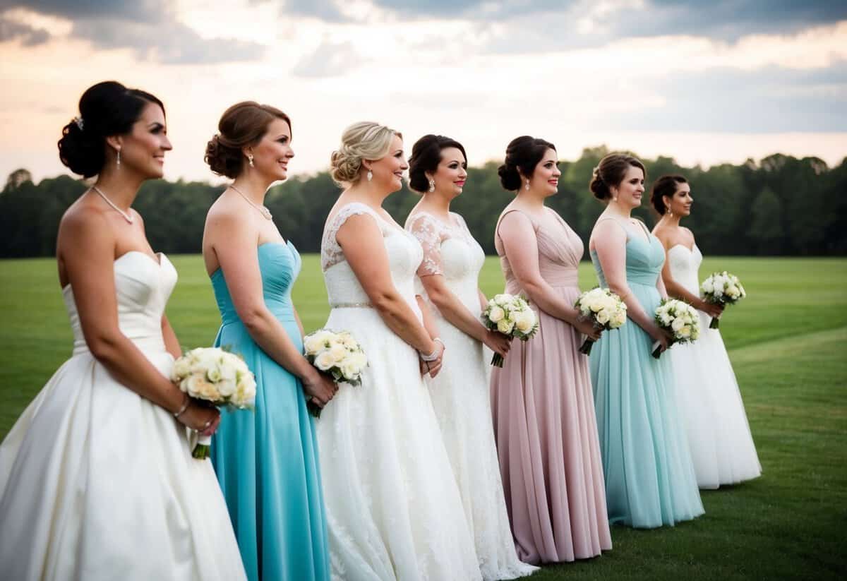 A group of brides of varying ages stand in a line, each wearing a different style of wedding dress