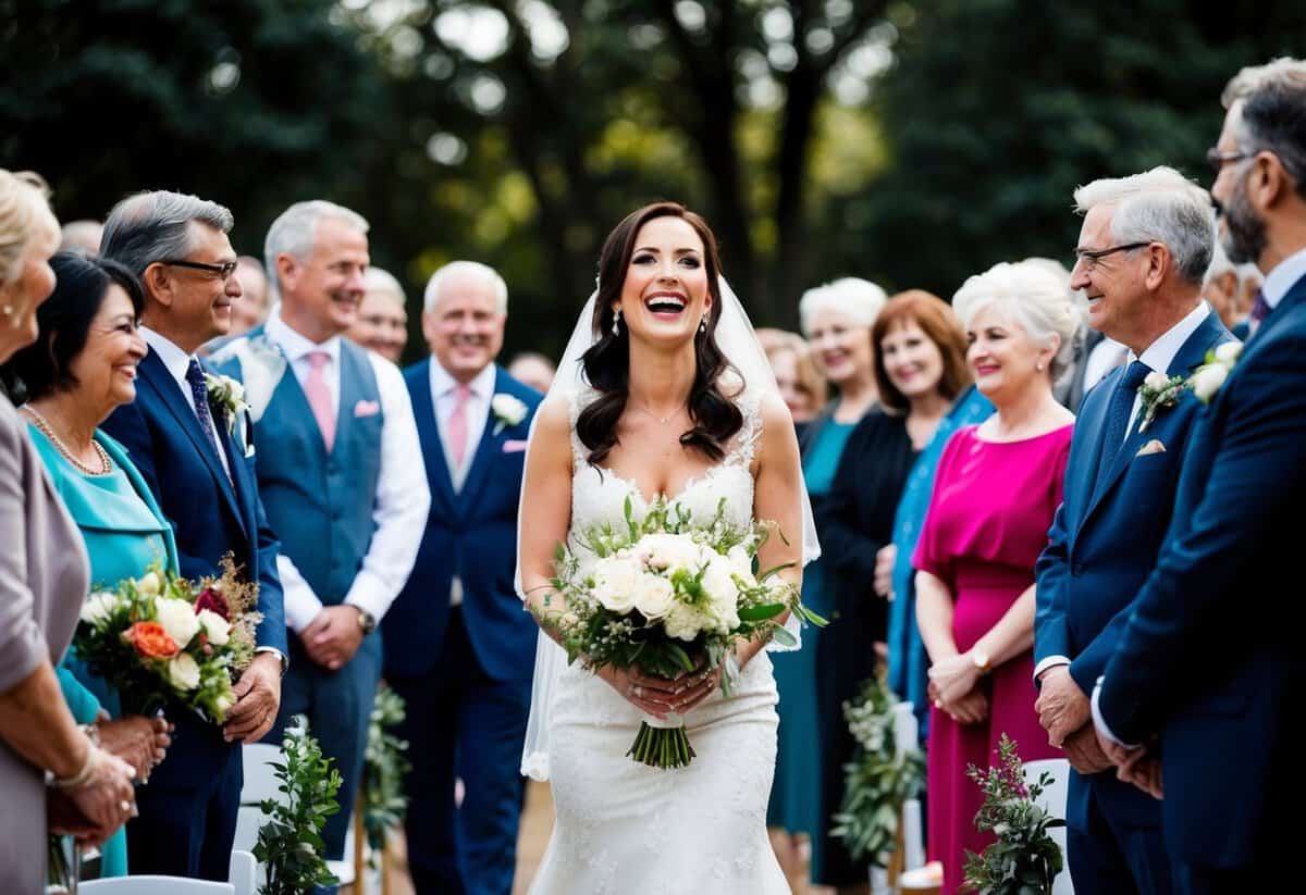 A bride walking down the aisle surrounded by family and friends, with a joyful and radiant expression on her face