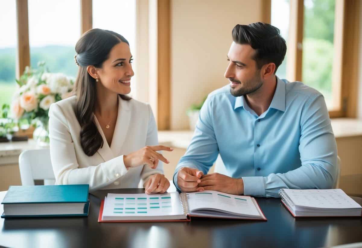 A couple sits at a table with wedding planning books and a calendar, discussing financial and practical considerations