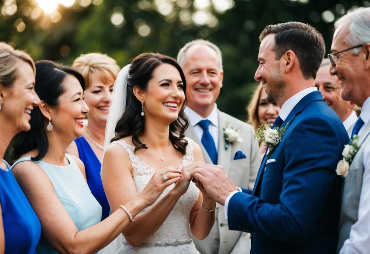 A couple exchanging wedding rings with smiles and tears of joy, surrounded by supportive family and friends