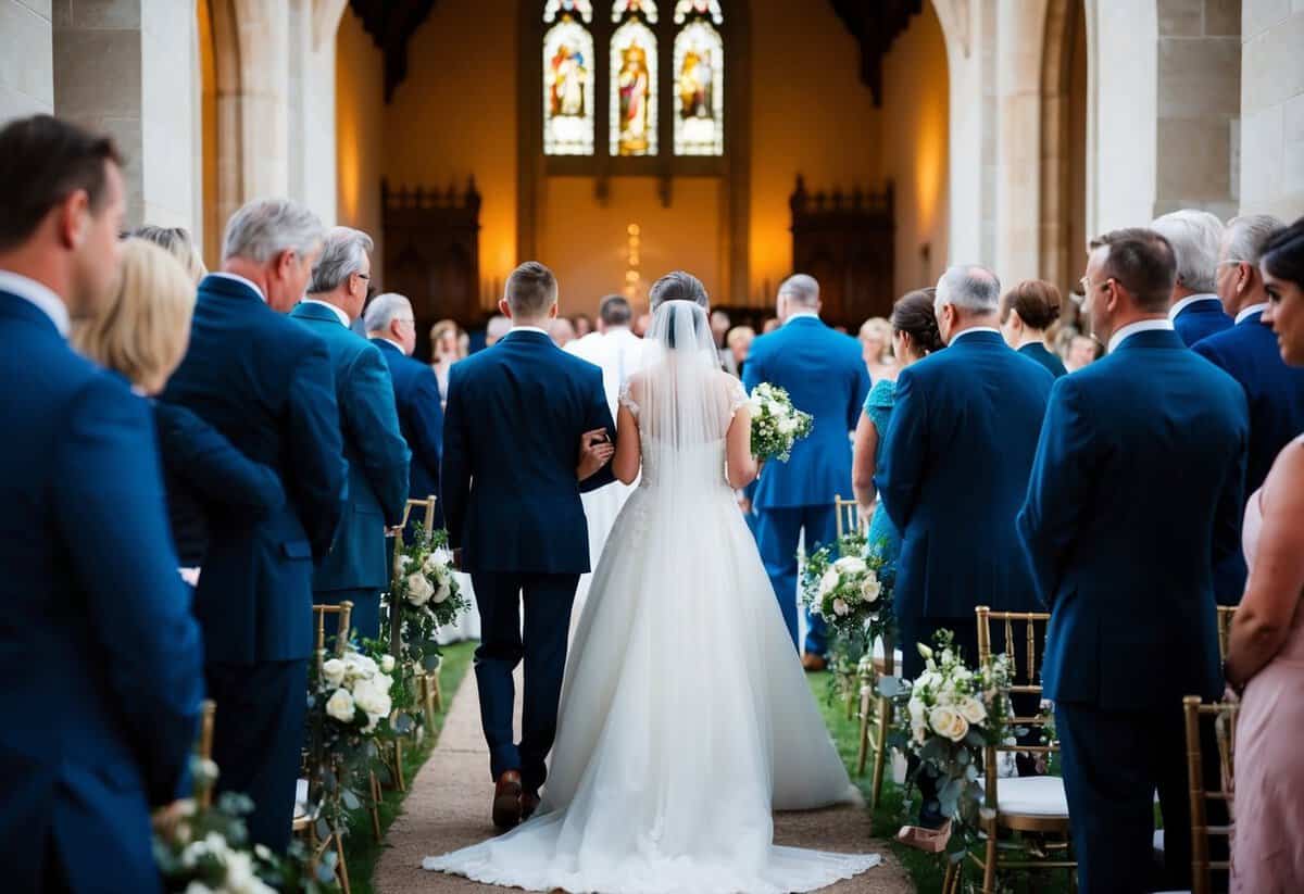 Guests arriving late to a wedding ceremony, with the bride and groom waiting at the altar