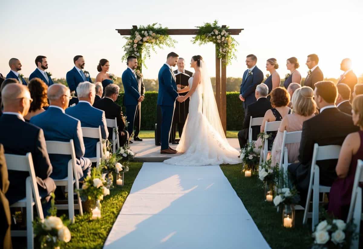 A wedding ceremony in progress, with guests seated and the bride and groom at the altar. The sun is setting, casting a warm glow over the scene