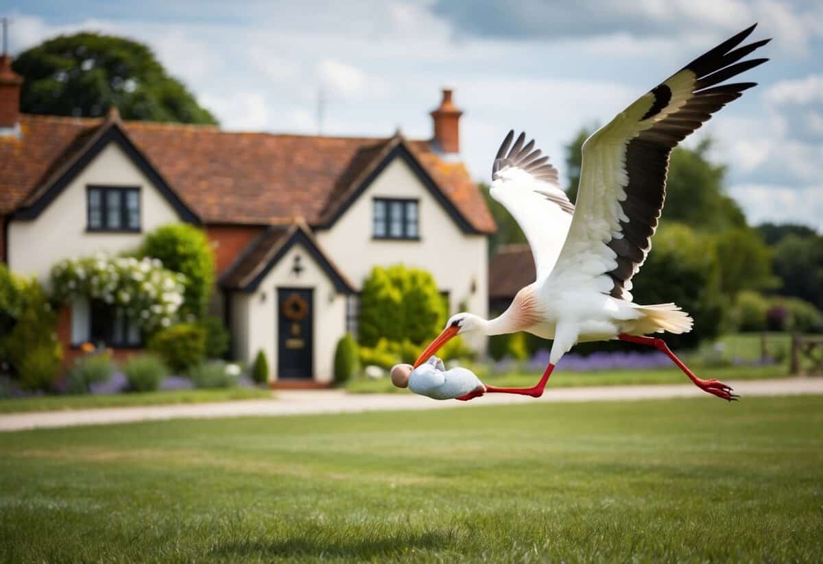 A stork delivering a baby to a quaint British countryside home