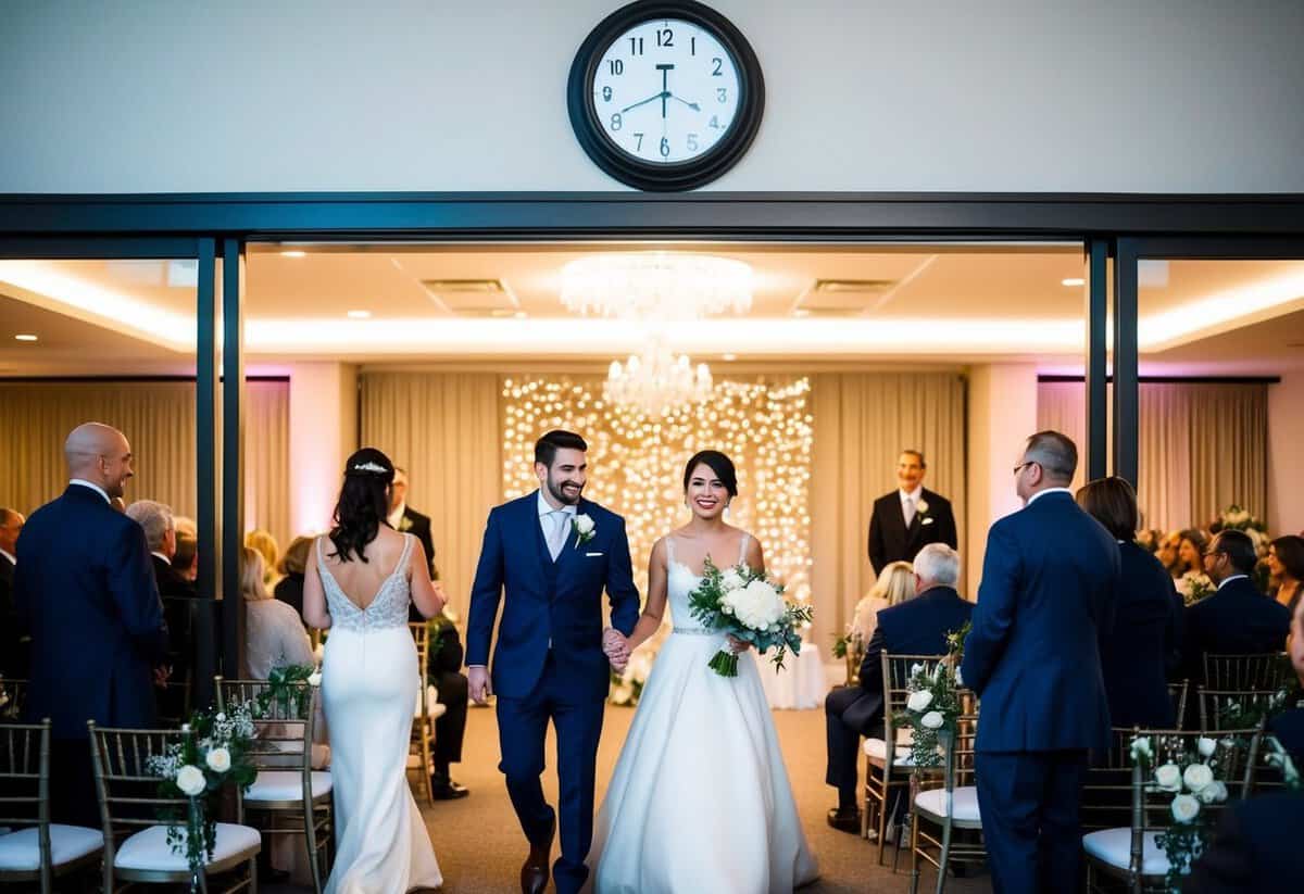Guests arriving at a wedding venue with a clock showing the designated start time, while others are already seated inside the decorated ceremony space