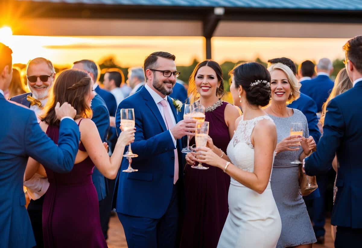 Guests mingle, clinking glasses and chatting. Some are leaving while others dance. The sun sets behind the venue, casting a warm glow over the festivities