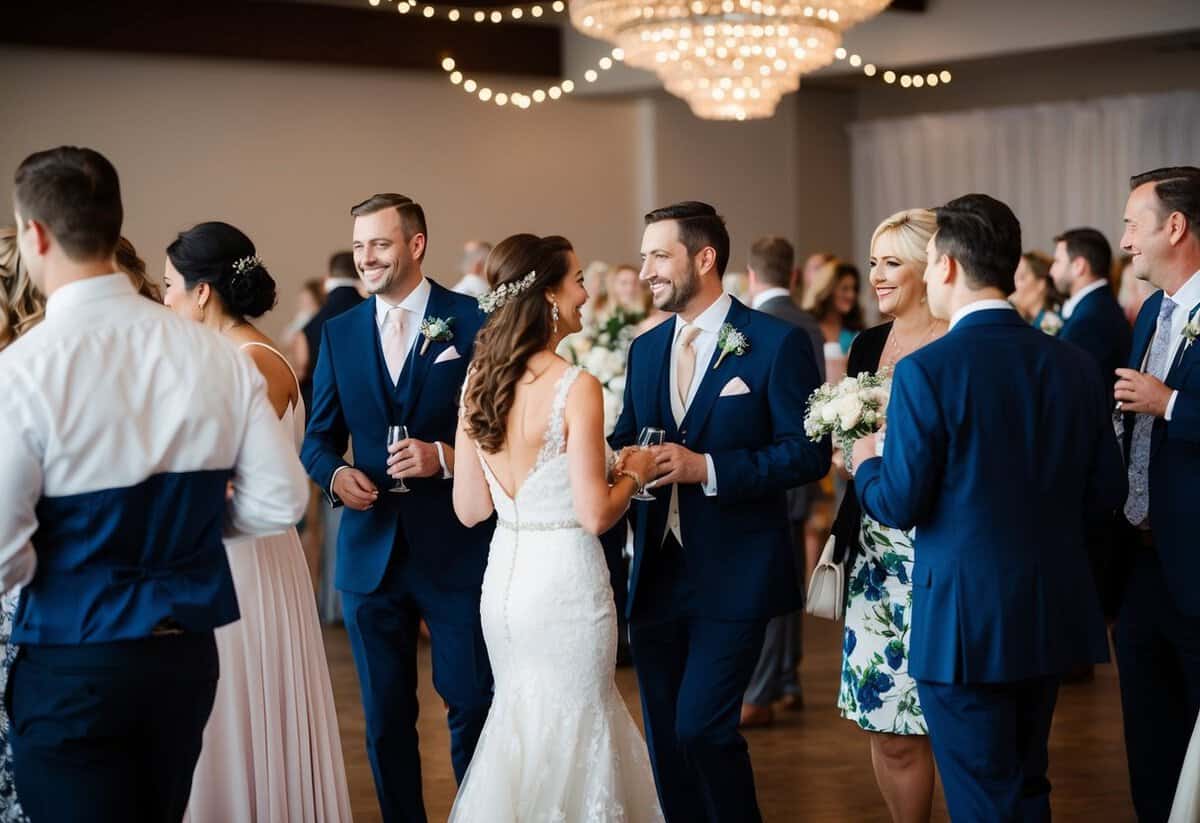Guests mingling at a wedding reception, some leaving while others continue to chat and enjoy the festivities
