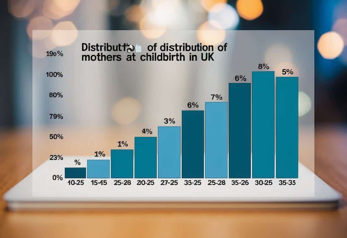 A graph showing the distribution of ages of mothers at childbirth in the UK, with a peak in the late 20s and early 30s