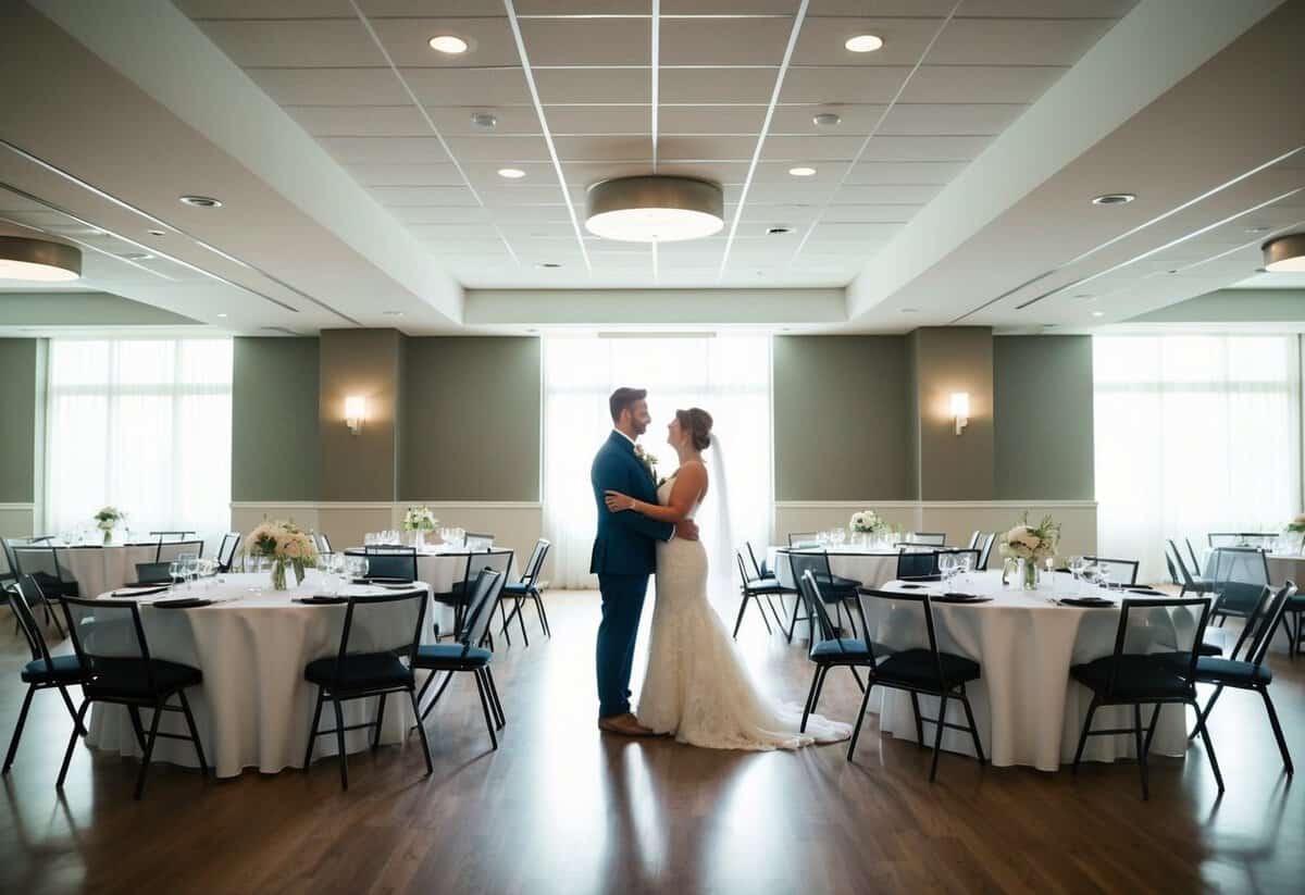 A newly married couple standing alone in an empty reception hall, surrounded by untouched tables and chairs