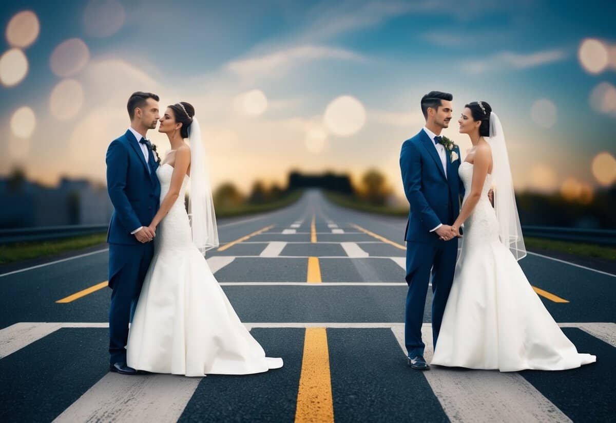 A bride and groom stand at a crossroads, one path leading to a grand wedding reception and the other to a simple, intimate celebration. The couple looks contemplative, surrounded by conflicting symbols of opulence and simplicity