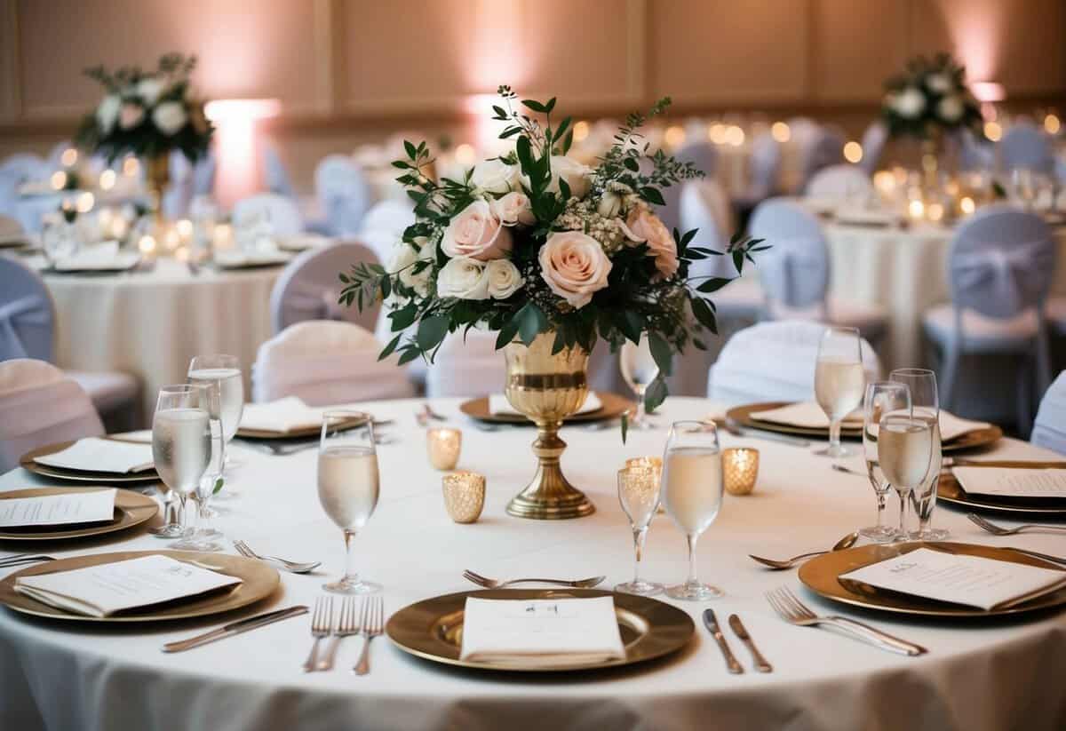 A table set for a wedding reception with elegant place settings and floral centerpieces