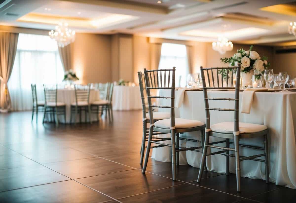 A beautifully decorated wedding venue with empty chairs and a deserted dance floor