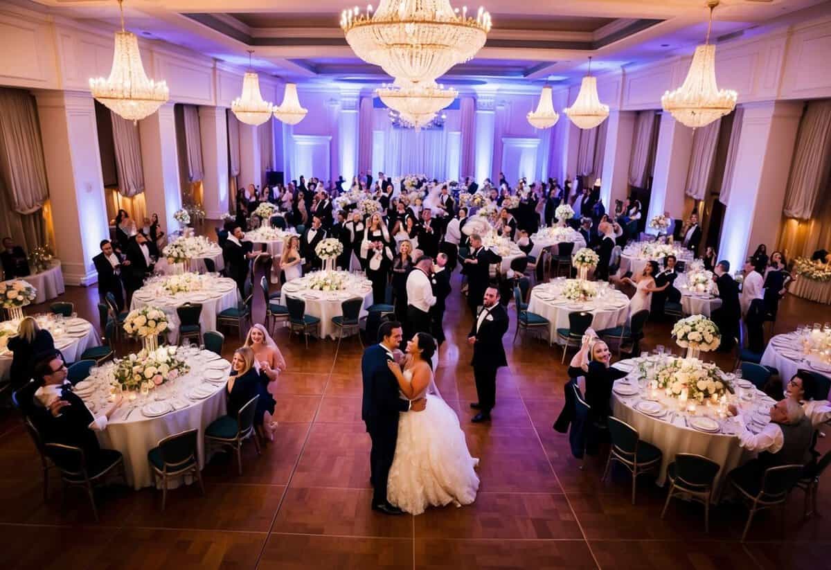 A grand ballroom filled with elegant decorations, tables adorned with floral centerpieces, and a dance floor surrounded by joyful guests celebrating a wedding reception that has been going on for 5 hours