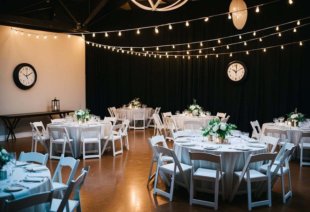 A wedding reception venue with empty tables and chairs, dimly lit with string lights, and a clock on the wall showing the time passing