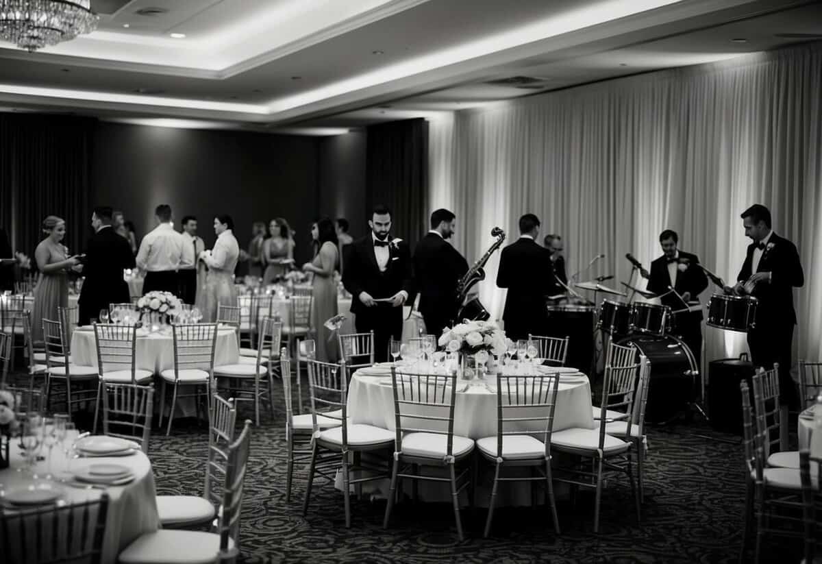 Guests leaving a wedding reception early, empty chairs, dimming lights, and a tired band packing up their instruments