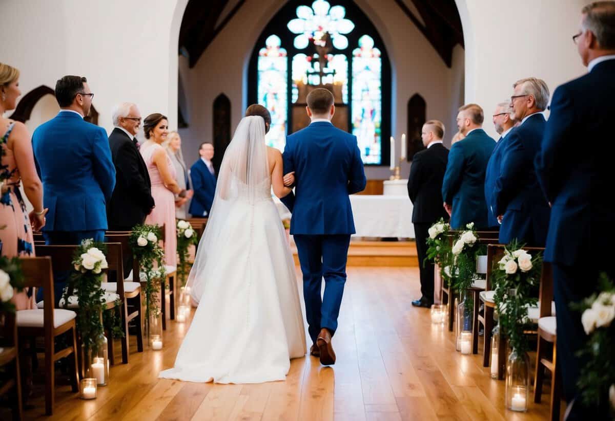 A couple walking away from a church towards a reception venue, with guests looking on
