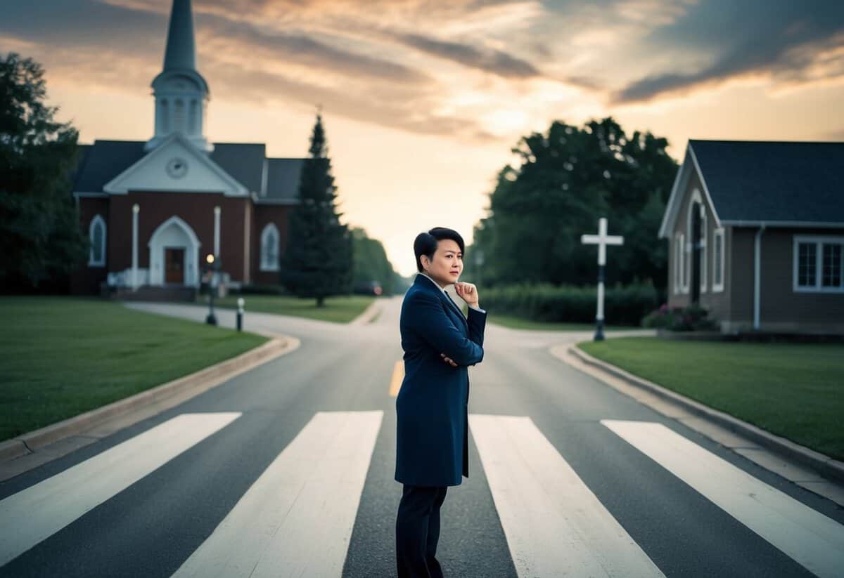 A person standing at a crossroads, one path leading to a church ceremony and the other leading away, with a thoughtful expression on their face