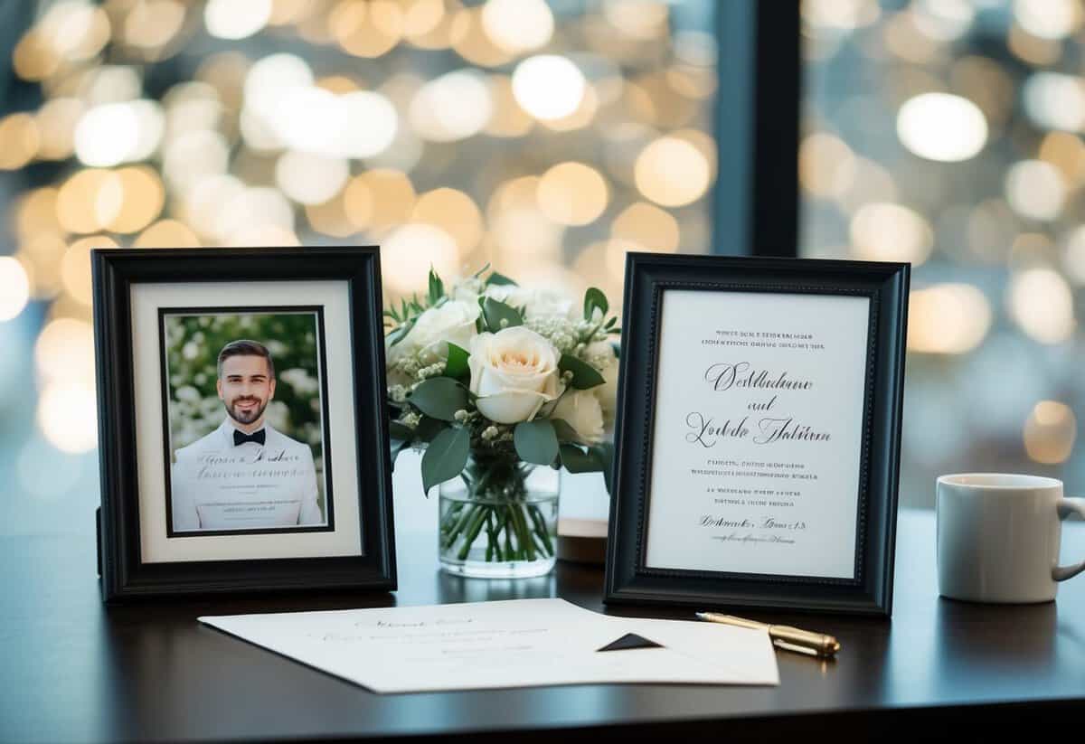 A desk with a wedding invitation, a framed photo, and a thoughtful expression
