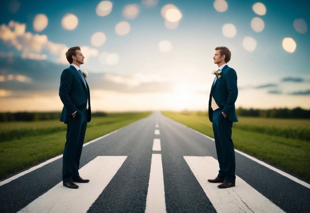 A figure stands at a crossroads, one path leading to a wedding venue and the other stretching into the distance. The figure hesitates, weighing their options