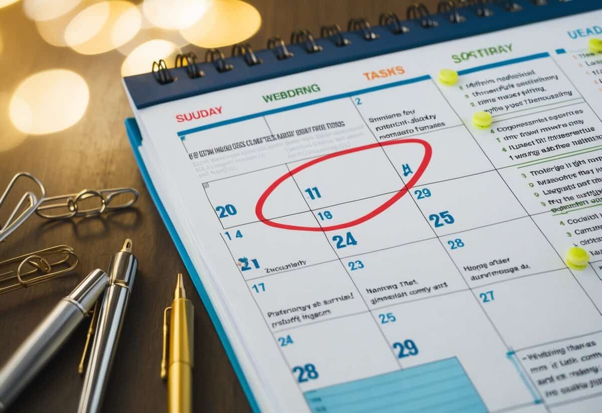 A calendar with wedding date circled, surrounded by work-related tasks and deadlines