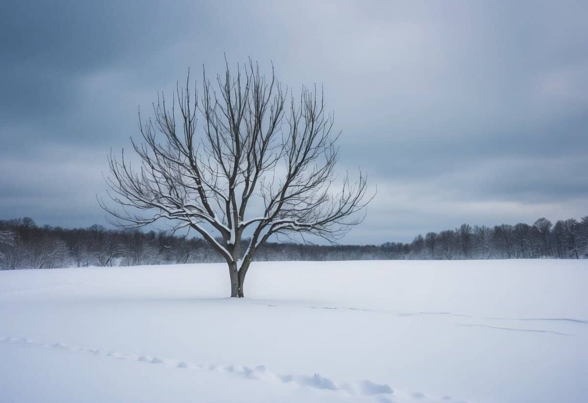 A desolate, snow-covered landscape with a barren tree and gray skies, representing the least popular month for weddings