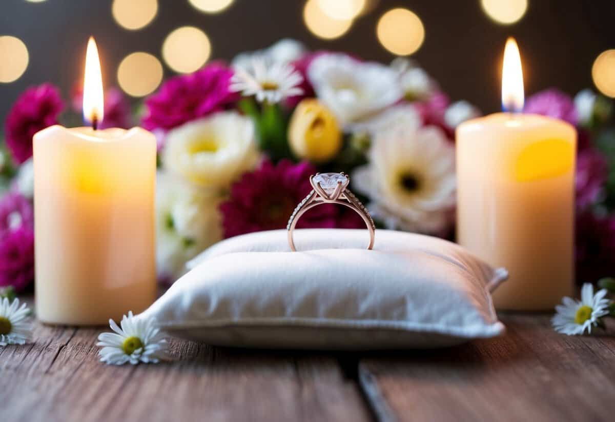 A wedding ring placed on a pillow, surrounded by flowers and candles